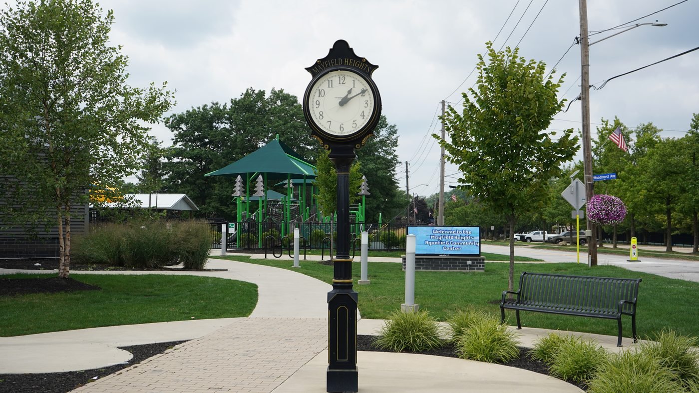The clock and gazebo in a Mayfield Heights city park